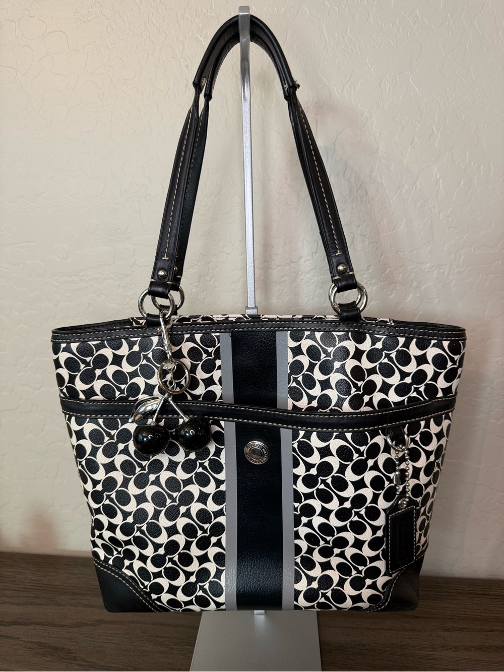 Coach Black and White Signature Stripe Shoulder Tote
